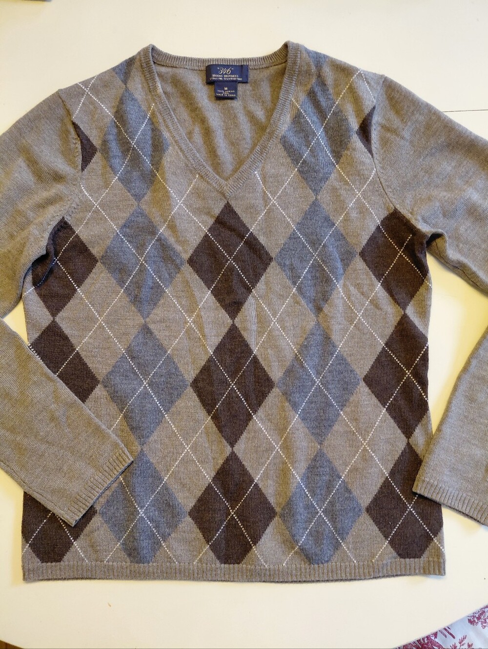 Brooks Brothers Medium Preppy Argyle V-Neck Sweater Knit Merino Wool